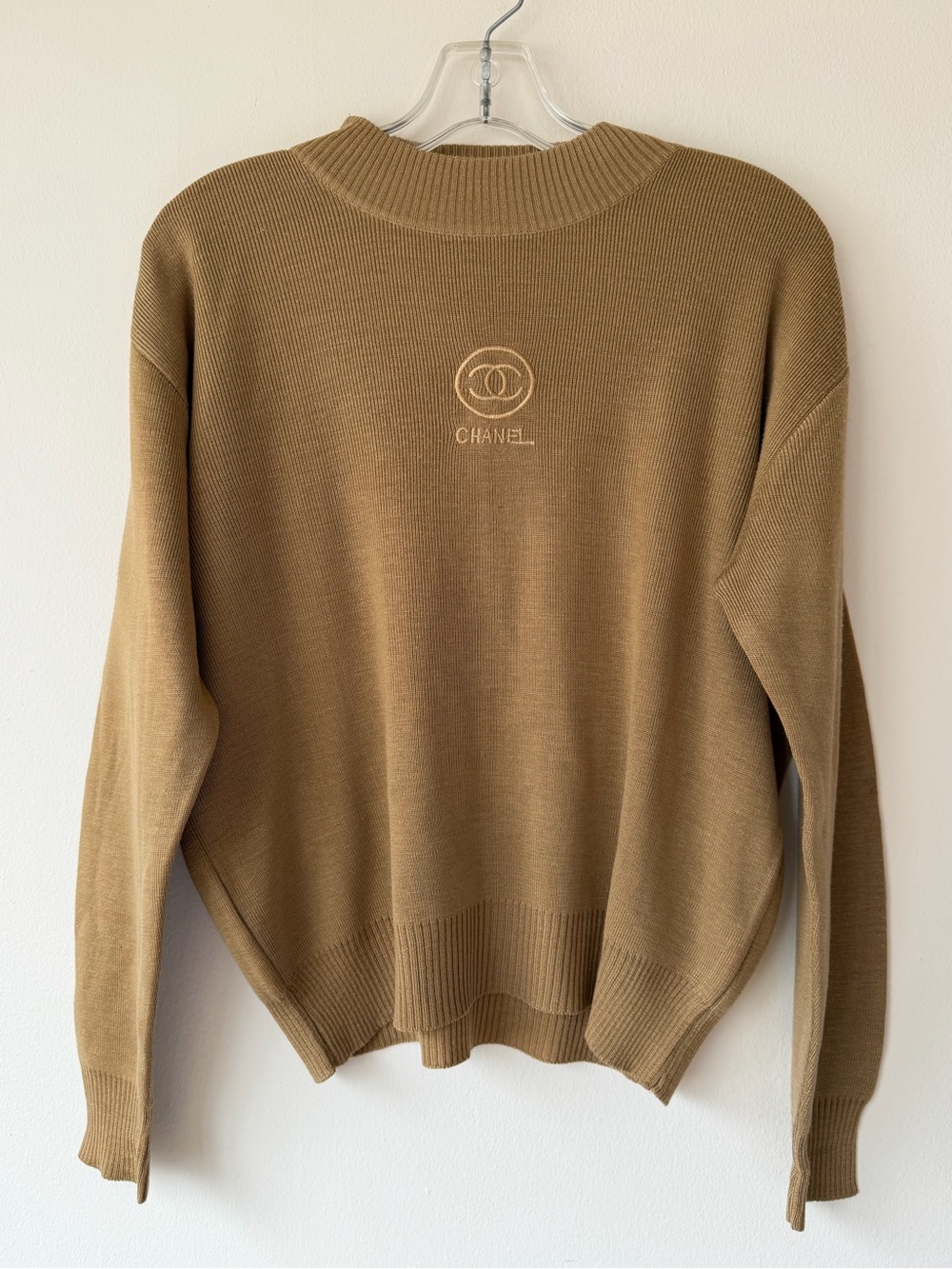 CHANEL Tan Crewneck Sweater with Embroidered Logo